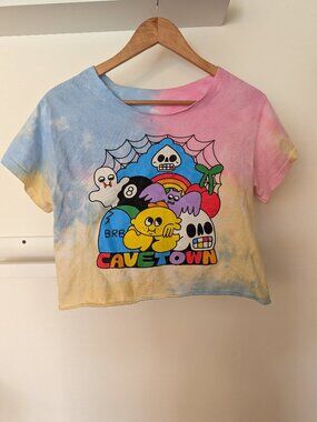 Cavetown Band T-Shirt Cropped Raw Edge Tie-Dye Adult Unisex S Rainbow Skulls